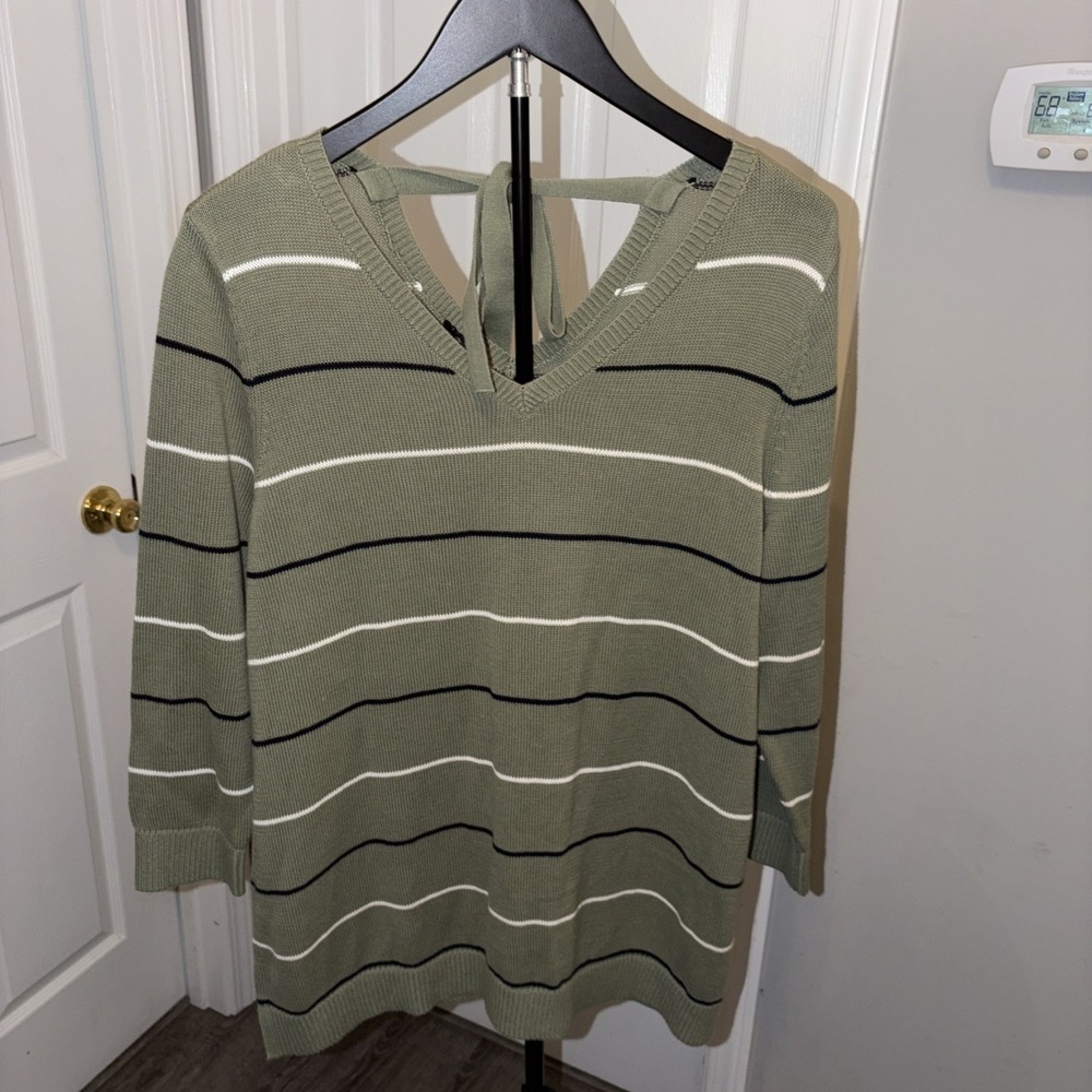 Talbots Double V Tie Back Sweater LP Olive Green Striped Nautical Coastal EUC